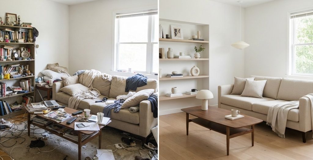 Decluttered living room before listing a home for sale